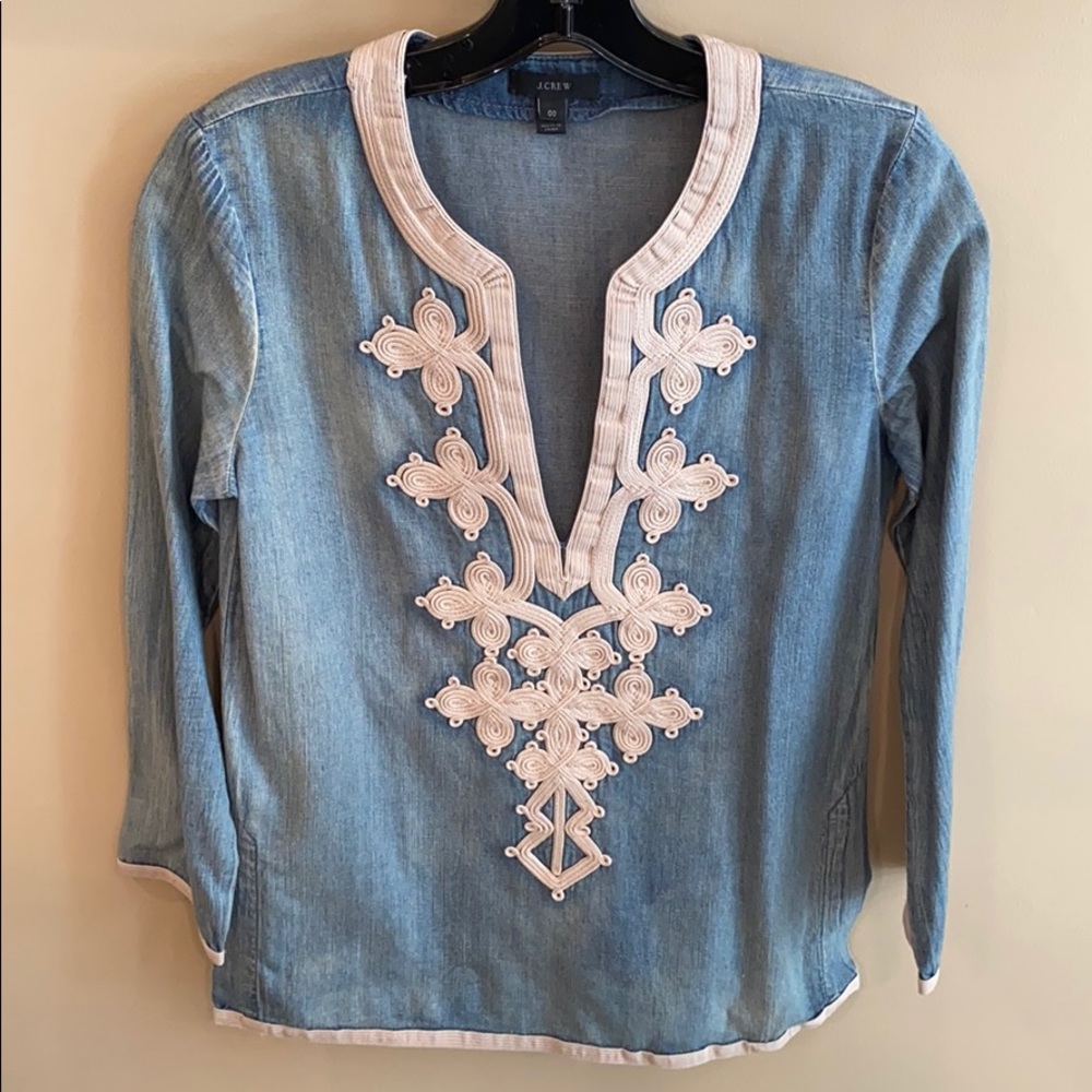 J Crew Denim Caftan Embroidered Tunic Size 00 - Picture 2 of 10